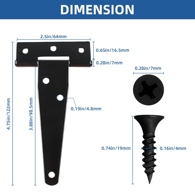 TamBee T-Strap Hinges Light Duty Barn Door Hinges Shed Door Hinges Rustic Hinges Gate Strap Hinge Door Barn Gates Hinges Black Wrought Hardware Iron Rustproof 6PCS (4inch) - Image 2